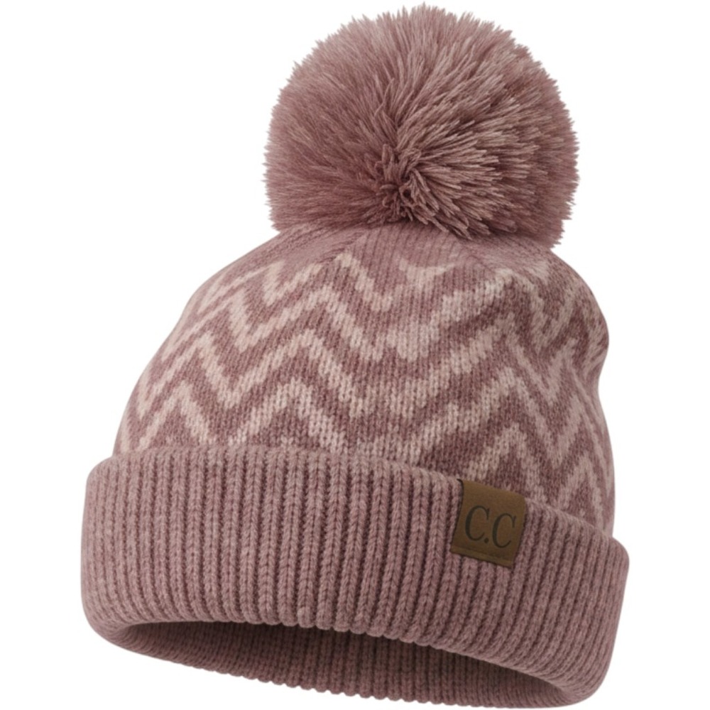 CC Beanie Mauve Pink Zig Zag Knit Pom Beanie Hat HTE-0002 Womens One Size NWT
